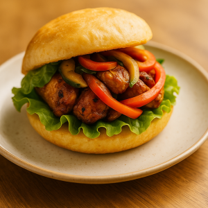 Bokit poulet mariné, crudités fraîches et sauce créole maison dans un pain frit doré